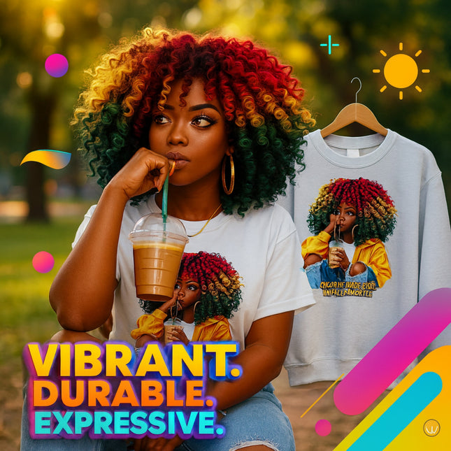 Afro girl with colorful hair sipping iced coffee printed on white t-shirt and sweatshirt showcasing vibrant eco solvent heat transfer design