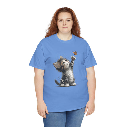 Whimsical Spring Cat #5 - Kitten Reaching for Butterfly Tee | Cute Cat Illustration Shirt