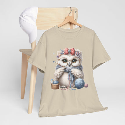 Cute Knitting Owl T-Shirt, Adorable Owl with Yarn and Needles, Cozy Craft Lover Gift Tee, Crochet Knitter Graphic Shirt