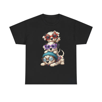 Cute Stacked Puppies T-Shirt – Cartoon Dogs Wearing Glasses & Beanie