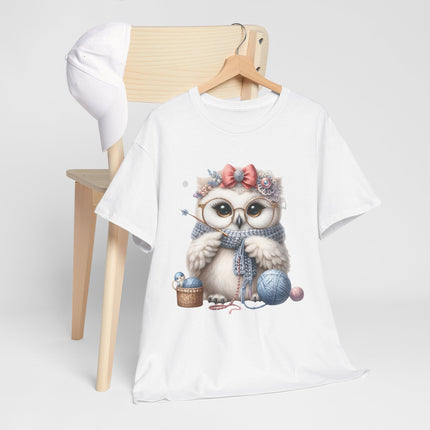 Cute Knitting Owl T-Shirt, Adorable Owl with Yarn and Needles, Cozy Craft Lover Gift Tee, Crochet Knitter Graphic Shirt