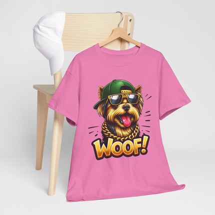 Woof! Cool Yorkie Graphic Tee — Retro Pup with Sunglasses & Cap