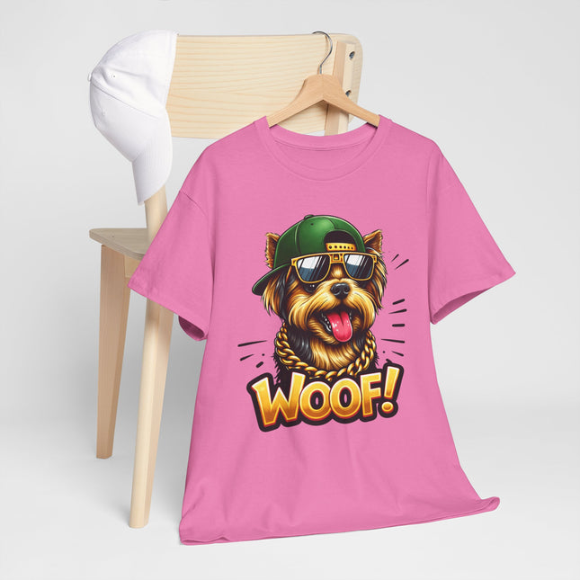Woof! Cool Yorkie Graphic Tee — Retro Pup with Sunglasses & Cap