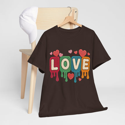 Faux Yarn "LOVE" Drip Graphic Tee — Colorful Retro Heart Design