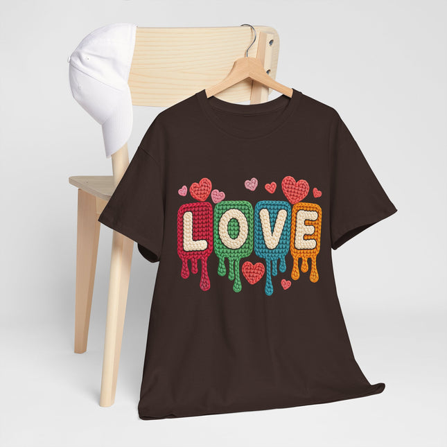 Faux Yarn "LOVE" Drip Graphic Tee — Colorful Retro Heart Design