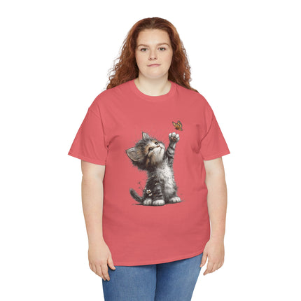 Whimsical Spring Cat #5 - Kitten Reaching for Butterfly Tee | Cute Cat Illustration Shirt