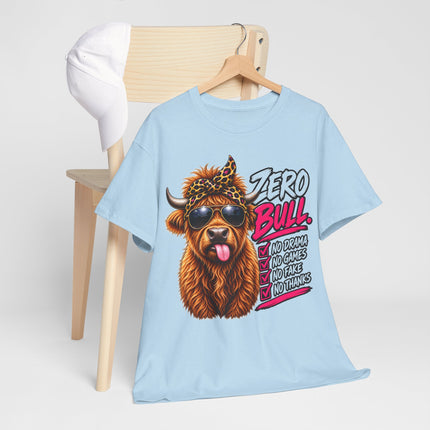Bull Graphic Tee — "Zero Bull" Funny Highland Cow T‑Shirt
