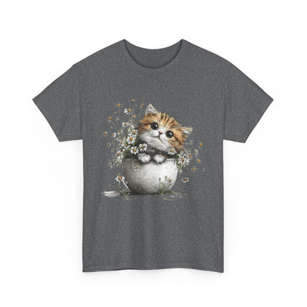 Whimsical Spring Cat #7 - Kitten Reaching for Butterfly Tee | Cute Cat Illustration Shirt
