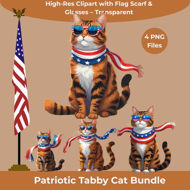 4 Patriotic Tabby Cat Sublimation PNGs – High-Res Clipart Digital File Style Junction – Custom Digital Designs & Apparel