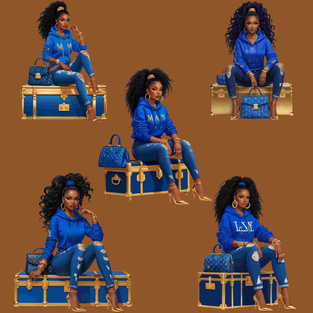 Afro Diva in Blue Luxe Hoodie – PNG Bundle of 5 Digital File Style Junction – Custom Digital Designs & Apparel