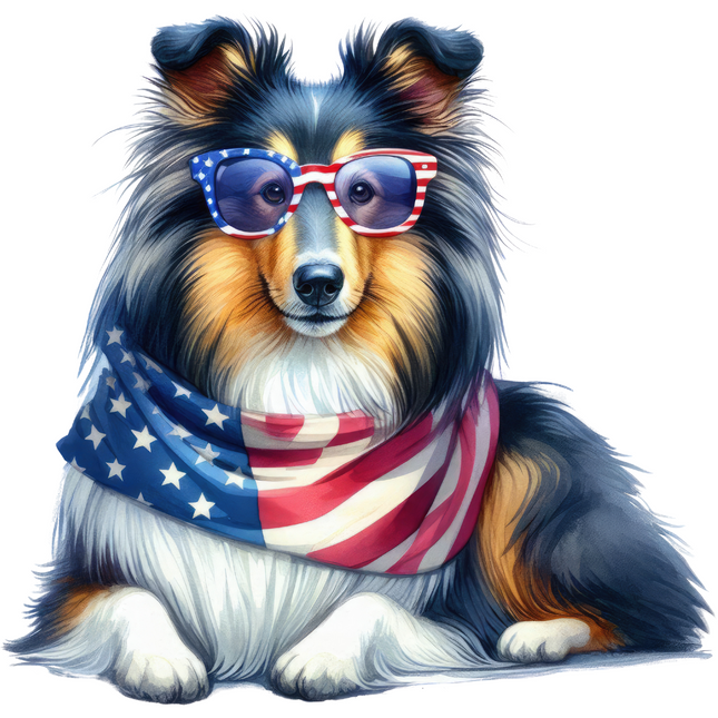 Sheltie with Flag Scarf and Sunglasses – DTF Heat Transfer DTF Transfers Style Junction – Custom Digital Designs & Apparel