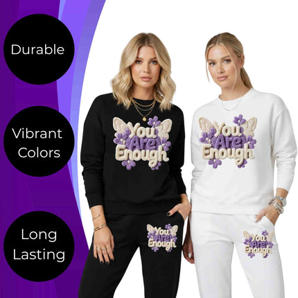 Faux Yarn-You Are Enough 6-Pack Crafter’s & DIY Bundle – 3 Eco-Solvent + 3 Sublimation Iron-On Heat Transfers, Ready to Press, for T-Shirts & More (Includes 4 Bonus Matching 2” inch Stickers).