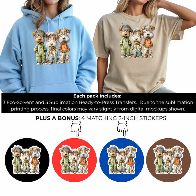 The Nerdy Paw Pack 6-Pack Crafter’s & DIY Bundle – 3 Eco-Solvent + 3 Sublimation Ready-to-Press Iron-On Heat Transfers for T-Shirts, Tote Bags & More, + Bonus 4 Matching 2-Inch Stickers