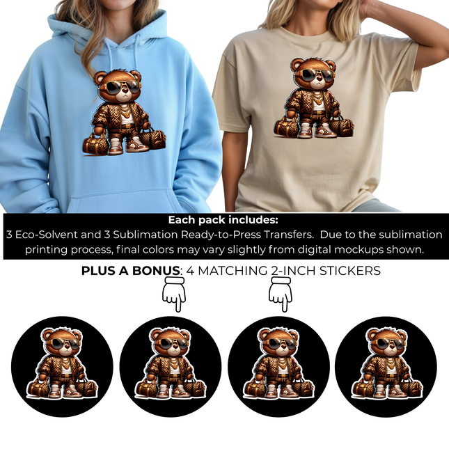Luxury Hustle Bear 6-Pack Crafter’s & DIY Bundle – 3 Eco-Solvent + 3 Sublimation Ready-to-Press Iron-On Heat Transfers for T-Shirts, Tote Bags & More, + Bonus 4 Matching 2-Inch Stickers