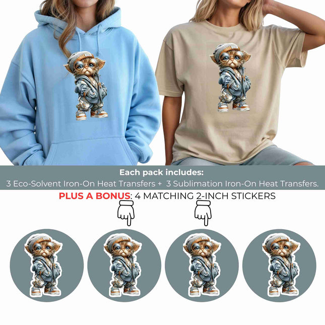 Urban Whisker Kid 6-Pack DIY Bundle – 3 Eco-Solvent Iron-On Heat Transfers + 3 Sublimation Iron-On Heat Transfers, Ready to Press. Bonus: 4 Matching 2-Inch Stickers