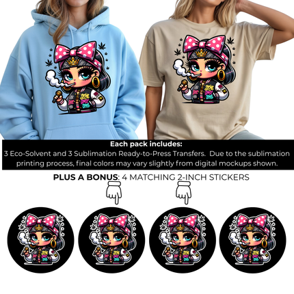 Crowned Smoke Queen 6-Pack Crafter’s & DIY Bundle – 3 Eco-Solvent + 3 Sublimation Ready-to-Press Iron-On Heat Transfers for T-Shirts, Tote Bags & More, + Bonus 4 Matching 2-Inch Stickers