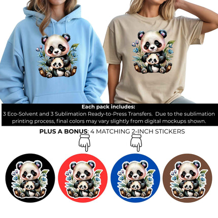 Mama Panda 6-Pack Crafter’s & DIY Bundle – 3 Eco-Solvent + 3 Sublimation Ready-to-Press Iron-On Heat Transfers for T-Shirts, Tote Bags & More, + Bonus 4 Matching 2-Inch Stickers