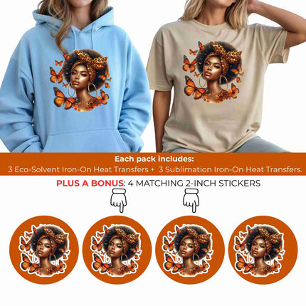 Monarch Queen Beauty 6-Pack DIY Bundle – 3 Eco-Solvent Iron-On Heat Transfers + 3 Sublimation Iron-On Heat Transfers, Ready-to-Press. Bonus: 4 Matching 2-Inch Stickers