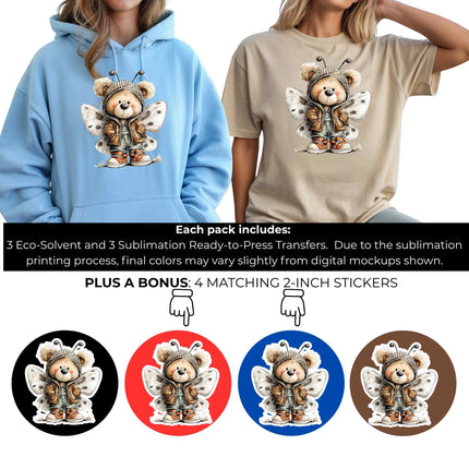 Butterfly Bear #1 6-Pack Crafter’s & DIY Bundle – 3 Eco-Solvent + 3 Sublimation Ready-to-Press Iron-On Heat Transfers for T-Shirts & More, + Bonus 4 Matching 2-Inch Stickers