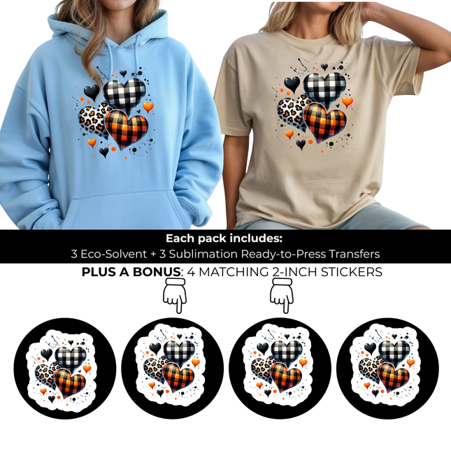 Rustic Rebel Hearts 6-Pack Ready-to-Press DIY Bundle – 3 Eco-Solvent + 3 Sublimation Iron-on Heat Transfers with 4 Bonus 2-Inch Stickers