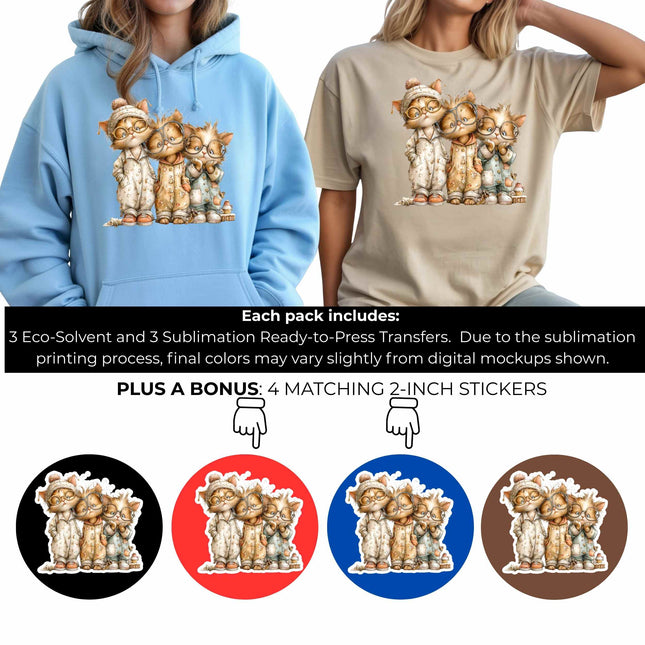 The Whisker Scholars 6-Pack Crafter’s & DIY Bundle – 3 Eco-Solvent + 3 Sublimation Ready-to-Press Iron-On Heat Transfers for T-Shirts, Tote Bags & More, + Bonus 4 Matching 2-Inch Stickers