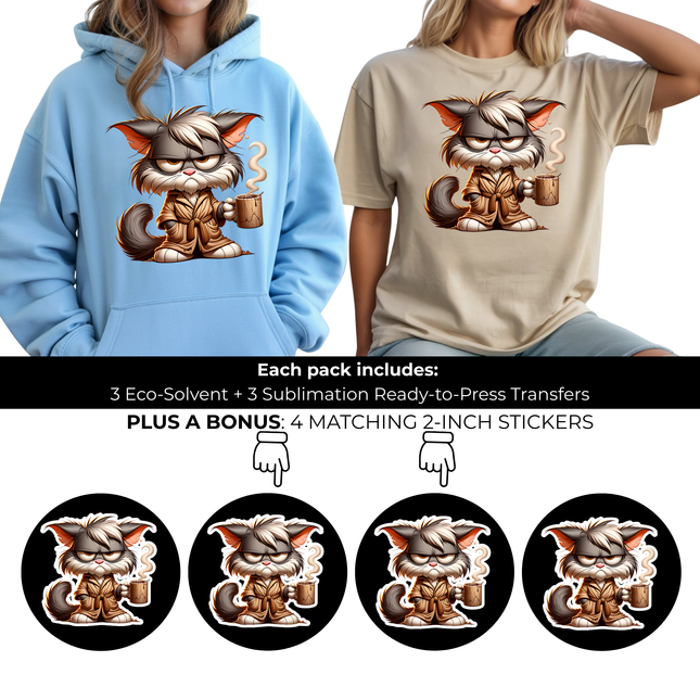 Grumpy Brew Feline 6-Pack Ready-to-Press DIY Bundle – 3 Eco-Solvent + 3 Sublimation Iron-on Heat Transfers with 4 Bonus 2-Inch Stickers