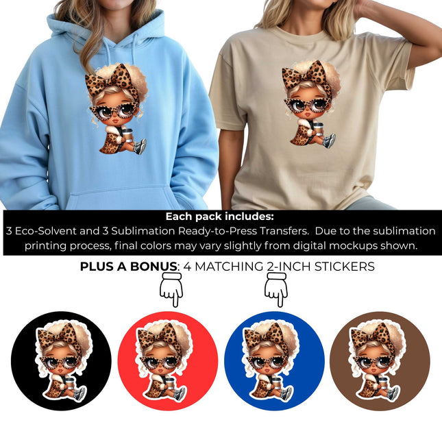 Leopard Luxe Latte 6-Pack Crafter’s & DIY Bundle – 3 Eco-Solvent + 3 Sublimation Ready-to-Press Iron-On Heat Transfers for T-Shirts, Tote Bags & More, + Bonus 4 Matching 2-Inch Stickers