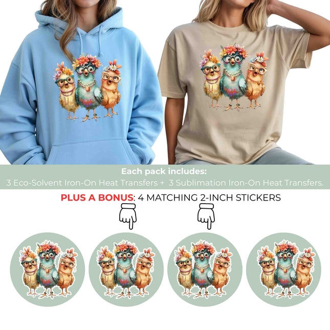 Floral Glasses Chick Trio 6-Pack DIY Bundle – 3 Eco-Solvent Iron-On Heat Transfers + 3 Sublimation Iron-On Heat Transfers, Ready to Press. Bonus: 4 Matching 2-Inch Stickers