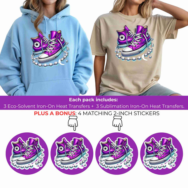 Orchid High-Tops 6-Pack DIY Bundle – 3 Eco-Solvent Iron-On Heat Transfers + 3 Sublimation Iron-On Heat Transfers, Ready to Press. Bonus: 4 Matching 2-Inch Stickers