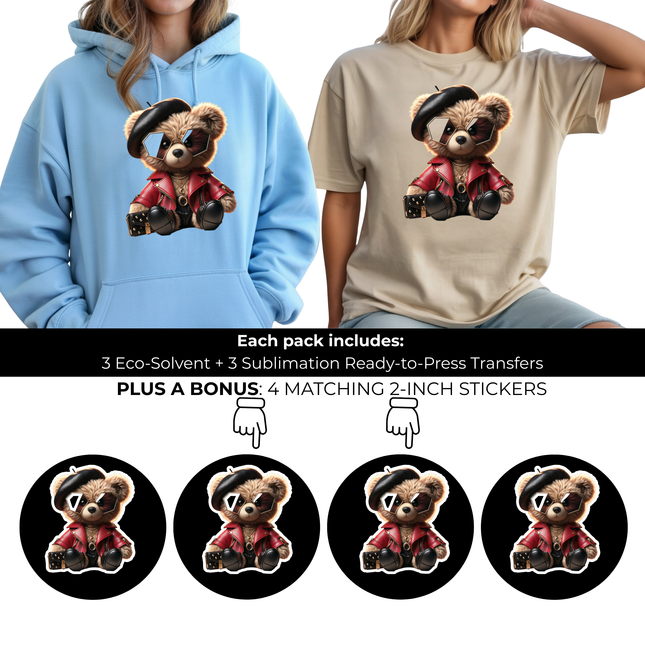 Haute Rebel Teddy 6-Pack Ready-to-Press DIY Bundle – 3 Eco-Solvent + 3 Sublimation Iron-on Heat Transfers with 4 Bonus 2-Inch Stickers