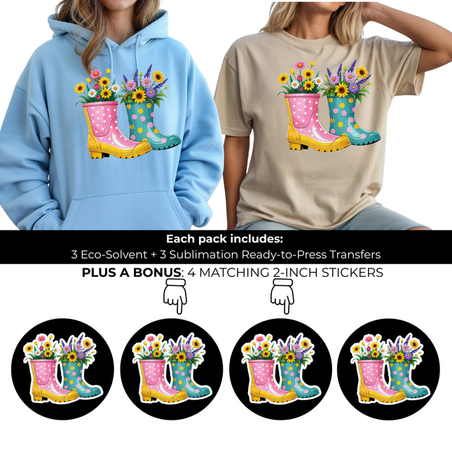 Bloom Boots 3 Eco-Solvent Iron-On Heat Transfers + 3 Sublimation Iron-On Heat Transfers, Ready to Press. Bonus: 4 Matching 2-Inch Stickers