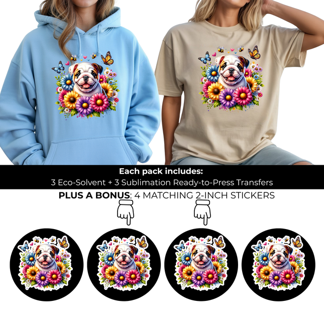 Blossom Buddy Bulldog 6-Pack Ready-to-Press DIY Bundle – 3 Eco-Solvent + 3 Sublimation Iron-on Heat Transfers with 4 Bonus 2-Inch Stickers