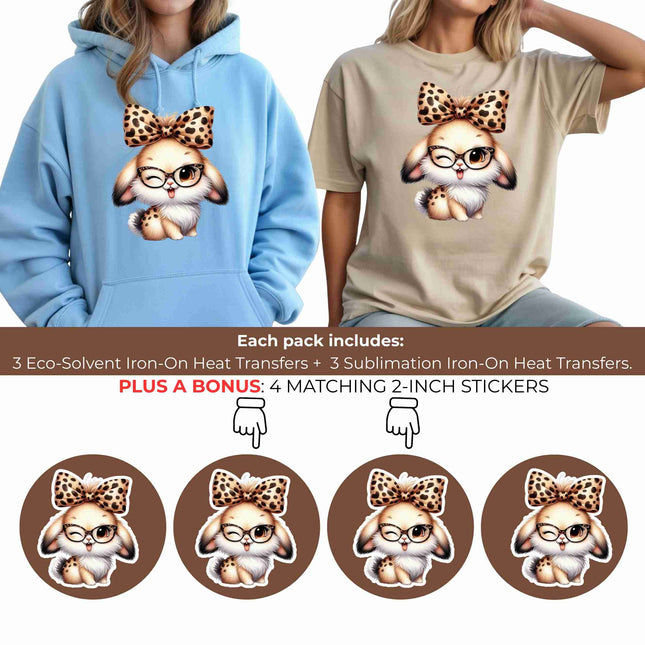 Leopard Bow Bunny Cutie 6-Pack DIY Bundle – 3 Eco-Solvent Iron-On Heat Transfers + 3 Sublimation Iron-On Heat Transfers, Ready to Press. Bonus: 4 Matching 2-Inch Stickers