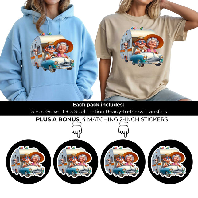 Golden Years Road Trip 6-Pack Ready-to-Press DIY Bundle – 3 Eco-Solvent + 3 Sublimation Heat Transfers with 4 Bonus 2-Inch Stickers