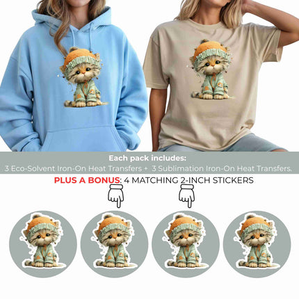 Whimsical Spring cat #11 6-Pack DIY Bundle – 3 Eco-Solvent Iron-On Heat Transfers + 3 Sublimation Iron-On Heat Transfers, Ready to Press. Bonus: 4 Matching 2-Inch Stickers