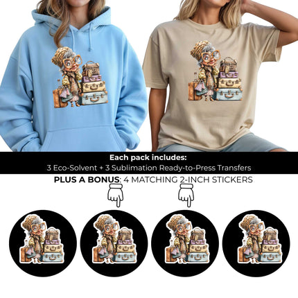 Vintage Travel Queen 6-Pack Ready-to-Press DIY Bundle – 3 Eco-Solvent + 3 Sublimation Heat Transfers with 4 Bonus 2-Inch Stickers