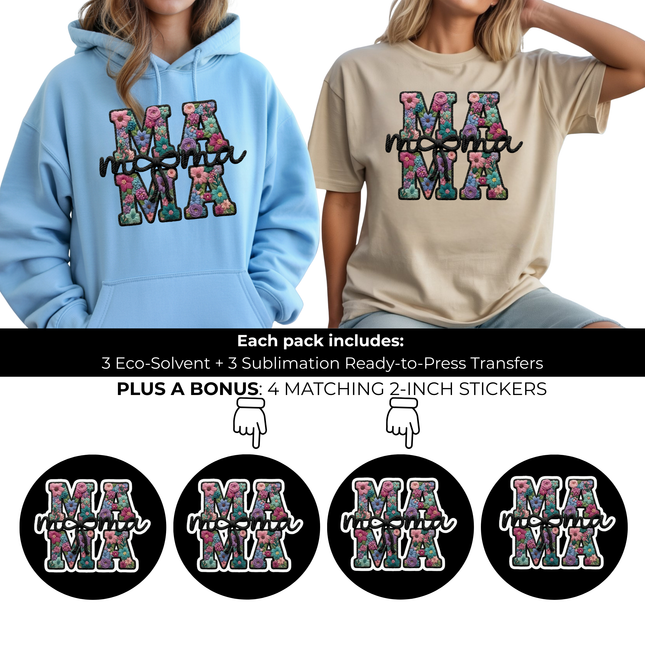 Floral Mama Black Monogram 6-Pack Ready-to-Press DIY Bundle – 3 Eco-Solvent + 3 Sublimation Iron-on Heat Transfers with 4 Bonus 2-Inch Stickers