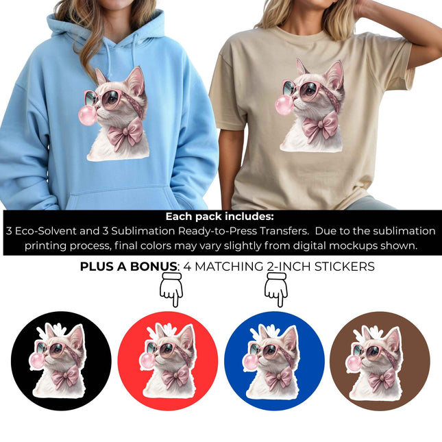 Bubblegum Glam Kitty 6-Pack Crafter’s & DIY Bundle – 3 Eco-Solvent + 3 Sublimation Ready-to-Press Iron-On Heat Transfers for T-Shirts, Tote Bags & More, + Bonus 4 Matching 2-Inch Stickers