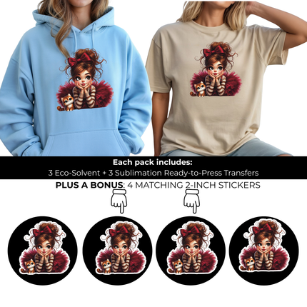 Scarlet Daydream Darling 3 Eco-Solvent Iron-On Heat Transfers + 3 Sublimation Iron-On Heat Transfers, Ready to Press. Bonus: 4 Matching 2-Inch Stickers