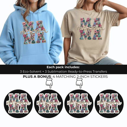 Floral Mama Tan Monogram 6-Pack Ready-to-Press DIY Bundle – 3 Eco-Solvent + 3 Sublimation Iron-on Heat Transfers with 4 Bonus 2-Inch Stickers