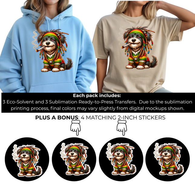 Irie Yorkie Pup 6-Pack Crafter’s & DIY Bundle – 3 Eco-Solvent + 3 Sublimation Ready-to-Press Iron-On Heat Transfers for T-Shirts, Tote Bags & More, + Bonus 4 Matching 2-Inch Stickers