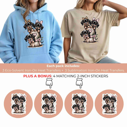 Bow-Tied Puppy Trio 6-Pack DIY Bundle – 3 Eco-Solvent Iron-On Heat Transfers + 3 Sublimation Iron-On Heat Transfers, Ready to Press. Bonus: 4 Matching 2-Inch Stickers