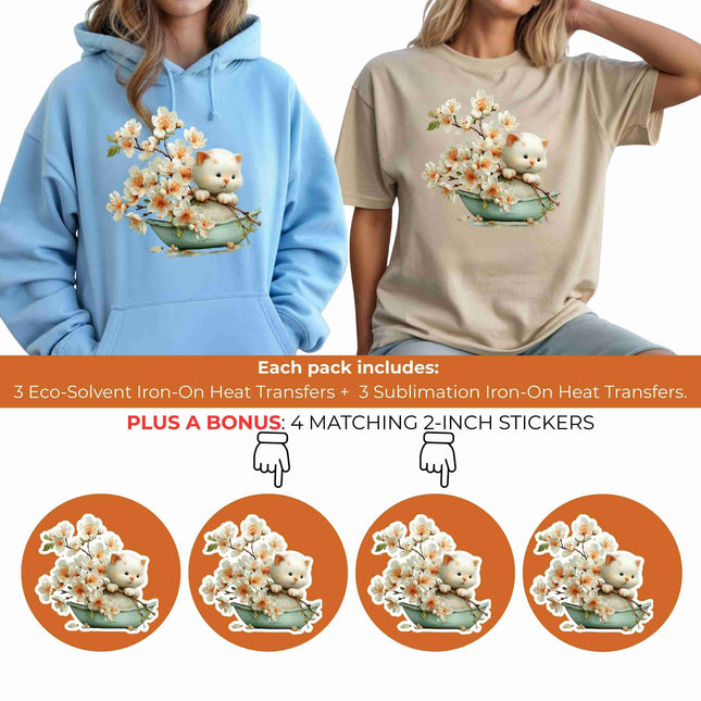 Whimsical Spring Cat #1 6-Pack DIY Bundle – 3 Eco-Solvent Iron-On Heat Transfers + 3 Sublimation Iron-On Heat Transfers, Ready to Press. Bonus: 4 Matching 2-Inch Stickers