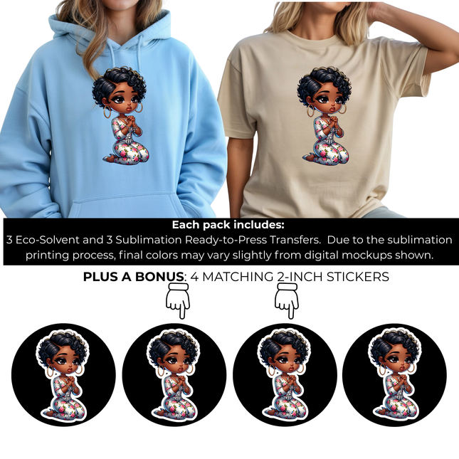 Prayer Blossom Cutie  6-Pack Crafter’s & DIY Bundle – 3 Eco-Solvent + 3 Sublimation Ready-to-Press Iron-On Heat Transfers for T-Shirts, Tote Bags & More, + Bonus 4 Matching 2-Inch Stickers