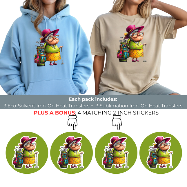 Grandma Fairway Flo 6-Pack DIY Bundle – 3 Eco-Solvent Iron-On Heat Transfers + 3 Sublimation Iron-On Heat Transfers, Ready to Press. Bonus: 4 Matching 2-Inch Stickers