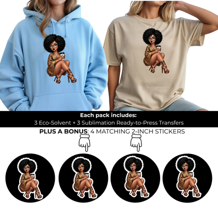 Mocha Chic Maven 3 Eco-Solvent Iron-On Heat Transfers + 3 Sublimation Iron-On Heat Transfers, Ready to Press. Bonus: 4 Matching 2-Inch Stickers