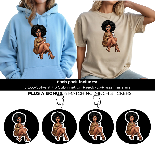 Mocha Chic Maven 3 Eco-Solvent Iron-On Heat Transfers + 3 Sublimation Iron-On Heat Transfers, Ready to Press. Bonus: 4 Matching 2-Inch Stickers