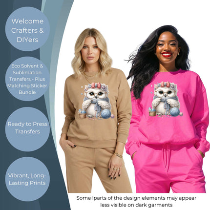 Knitting Owl DIY Craft Kit 9-Piece Creator Bundle Transfers for Shirts, Mugs & Tumblers with Stickers