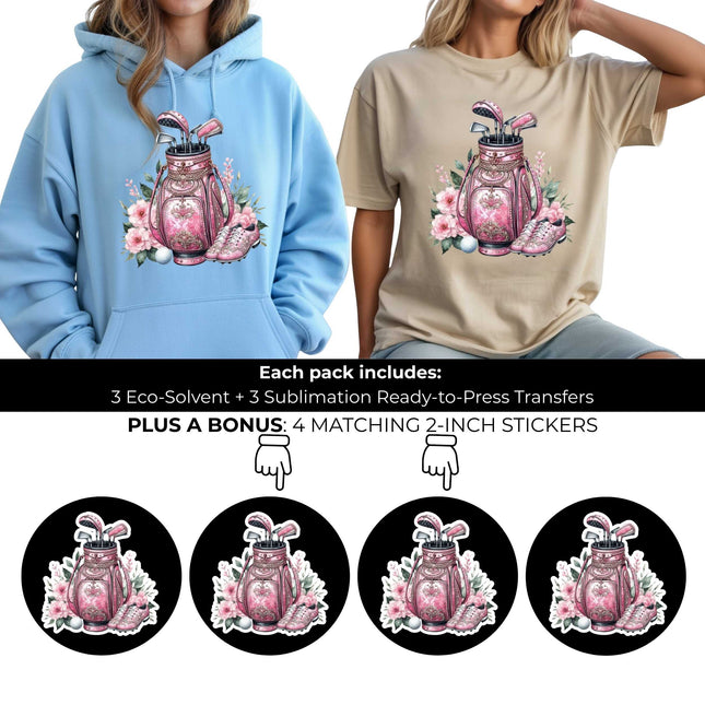 Blush Diamond Golf Queen 6-Pack Ready-to-Press DIY Bundle – 3 Eco-Solvent + 3 Sublimation Heat Transfers with 4 Bonus 2-Inch Stickers