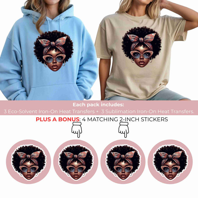 Retro Bow Afro Beauty 6-Pack DIY Bundle – 3 Eco-Solvent Iron-On Heat Transfers + 3 Sublimation Iron-On Heat Transfers, Ready to Press. Bonus: 4 Matching 2-Inch Stickers